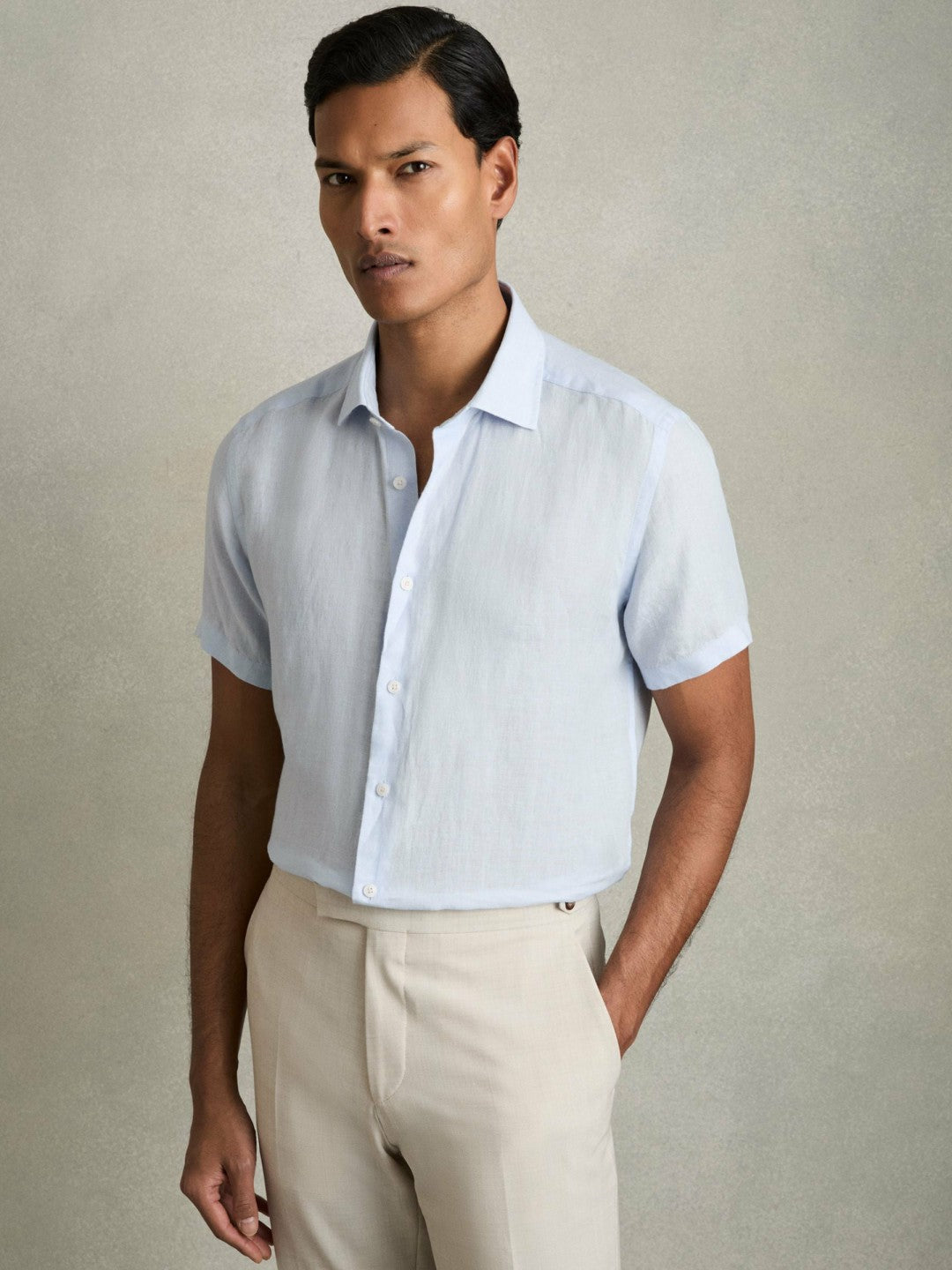 Men Slim Fit Linen Button-Through Shirt in Pale Blue
