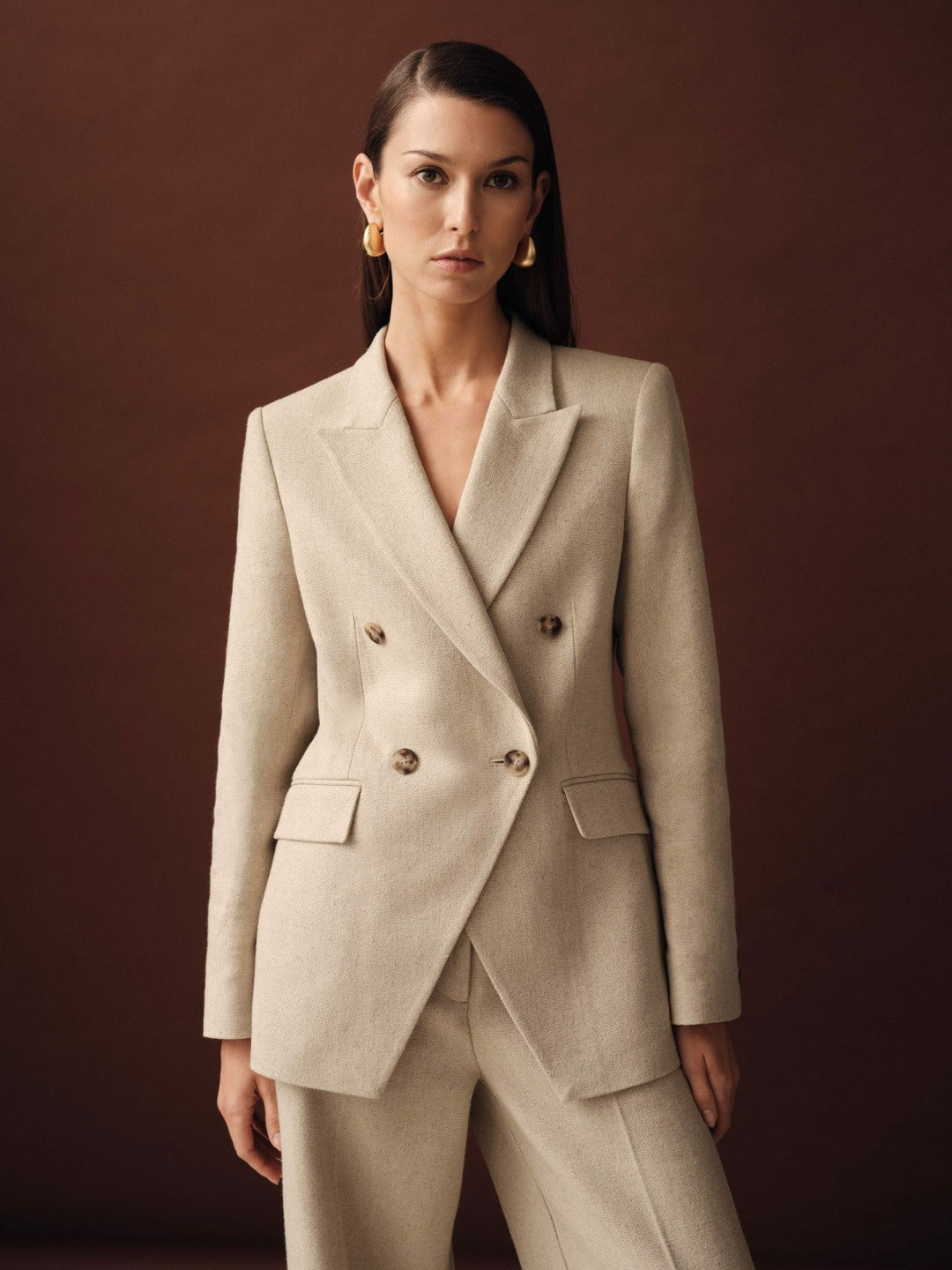Women Petite Linen-Blend Double-Breasted Suit Jacket in Neutral