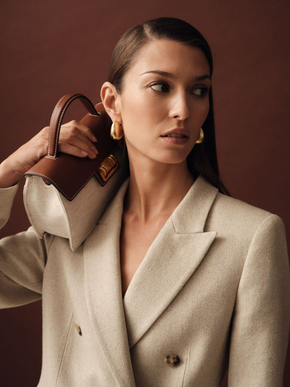 Women Petite Linen-Blend Double-Breasted Suit Jacket in Neutral