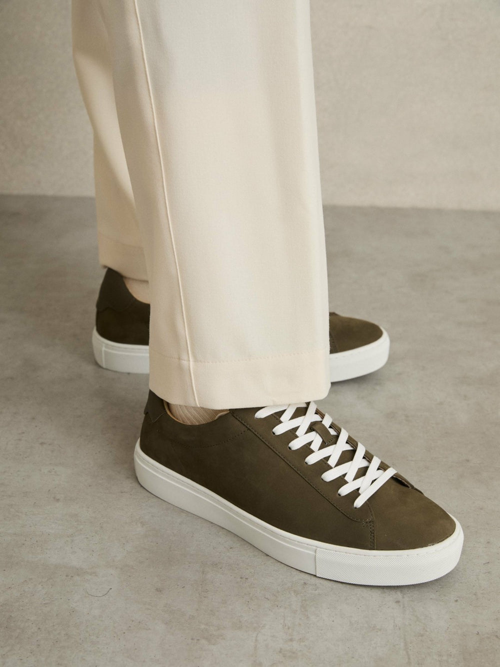 Men Nubuck-Leather Low-Top Trainers in Olive Green