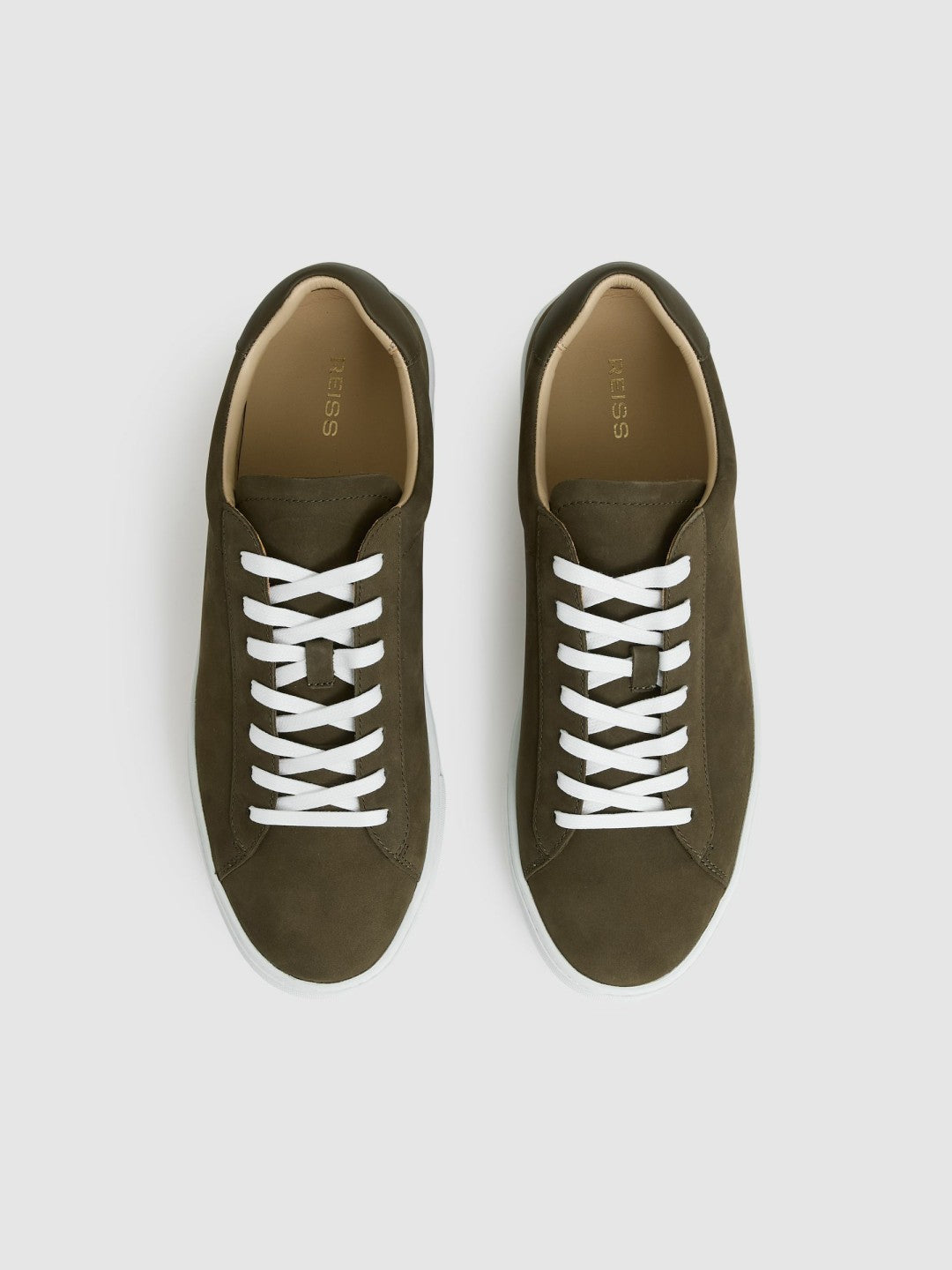 Men Nubuck-Leather Low-Top Trainers in Olive Green