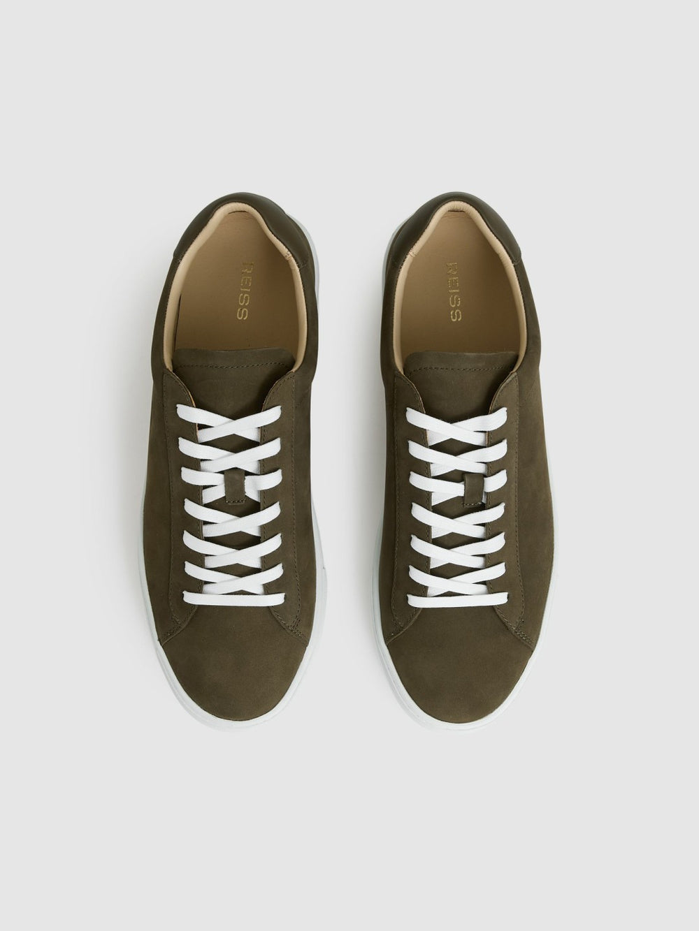 Men Nubuck-Leather Low-Top Trainers in Olive Green