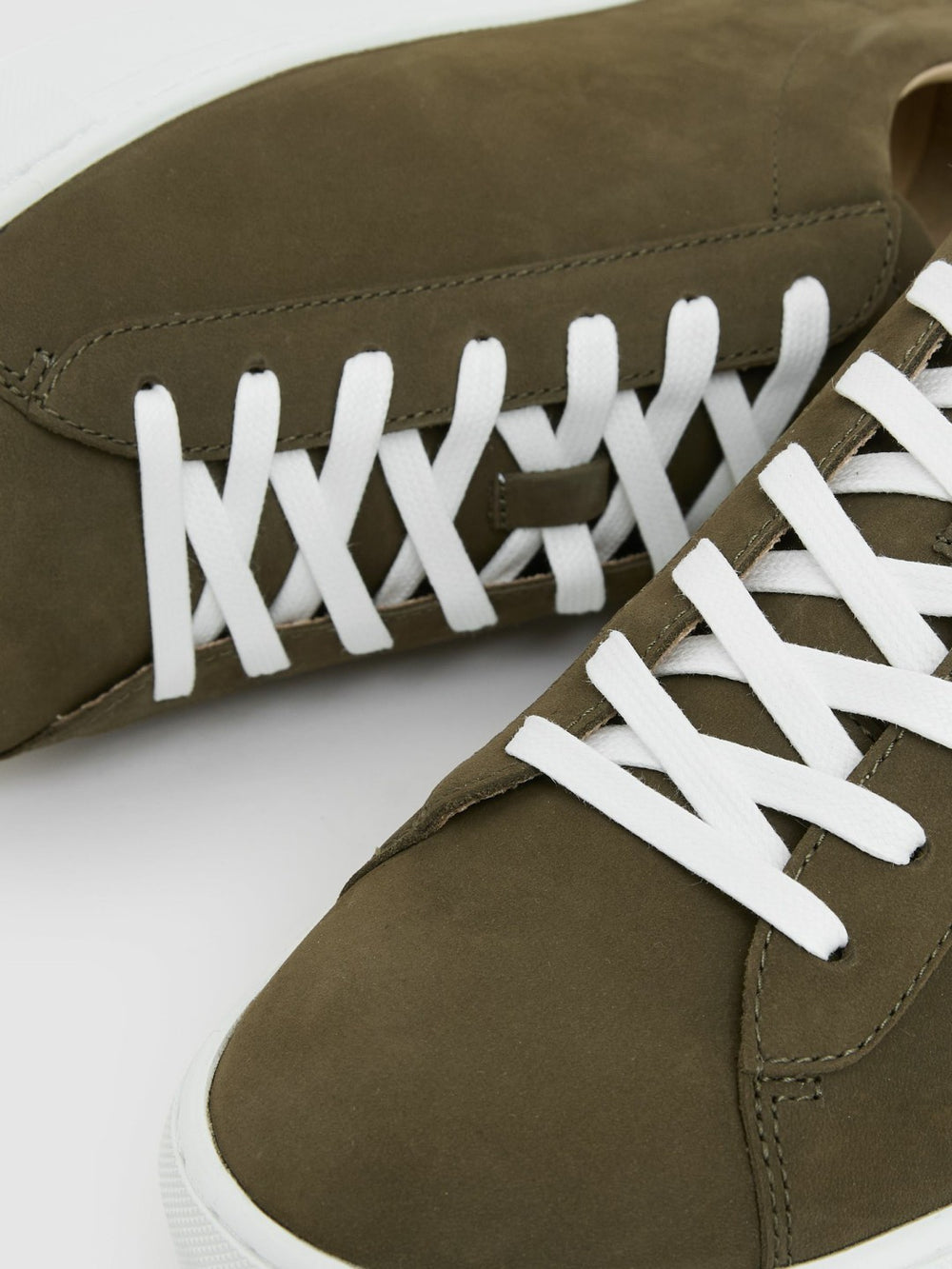 Men Nubuck-Leather Low-Top Trainers in Olive Green
