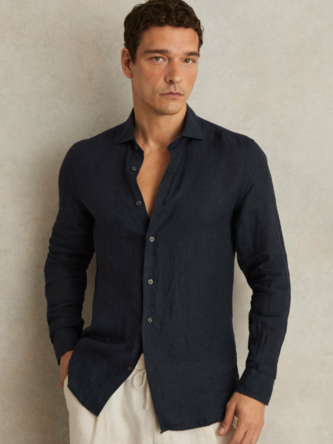 Men Linen Button-Through Shirt in Navy