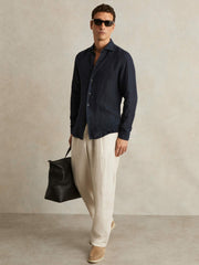 Men Linen Button-Through Shirt in Navy