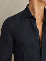 Men Linen Button-Through Shirt in Navy
