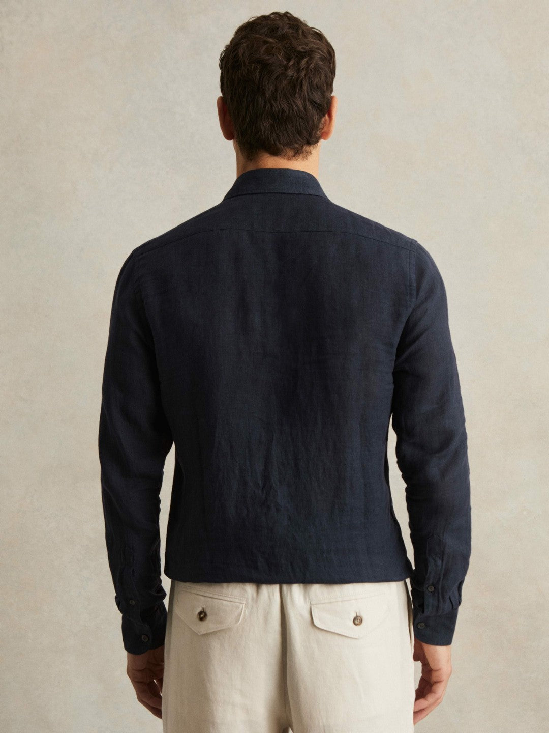 Men Linen Button-Through Shirt in Navy