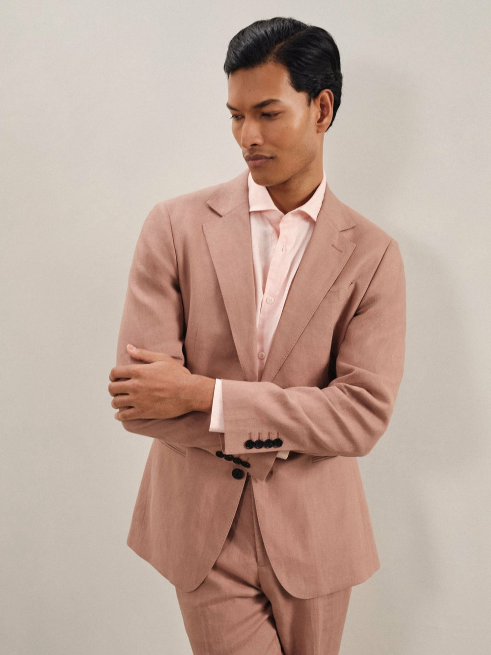 Men Single-Breasted Linen Suit Blazer Slim Fit in Rose Pink