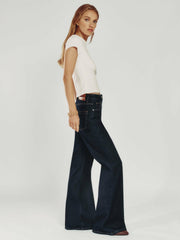 Women Petite Mid-Rise Flared Jeans in Dark Blue
