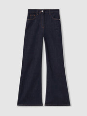 Women Petite Mid-Rise Flared Jeans in Dark Blue