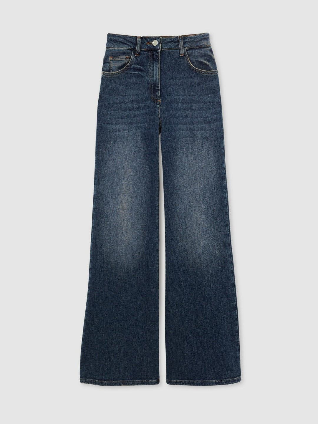 Women Petite Mid-Rise Flared Jeans in Mid Blue
