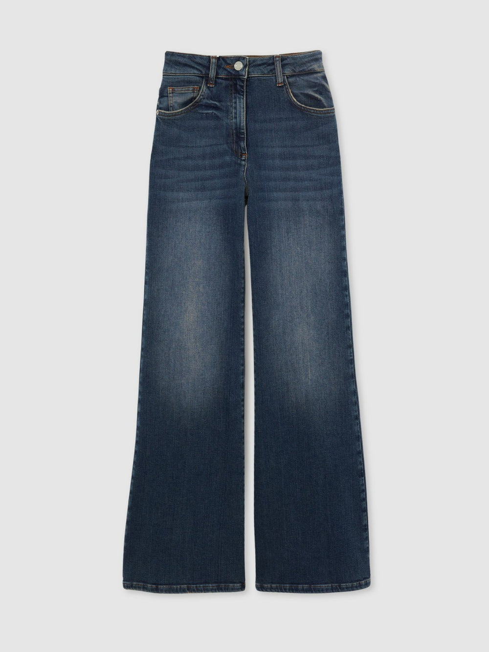 Women Petite Mid-Rise Flared Jeans in Mid Blue