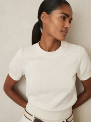 Women Cotton And Wool Crew-Neck Top in Ivory