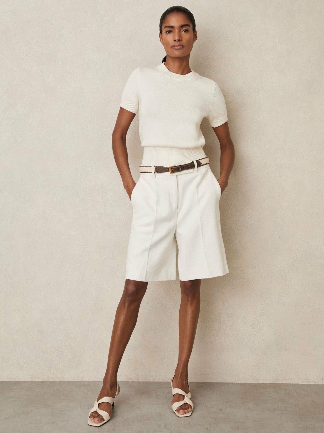 Women Cotton And Wool Crew-Neck Top in Ivory