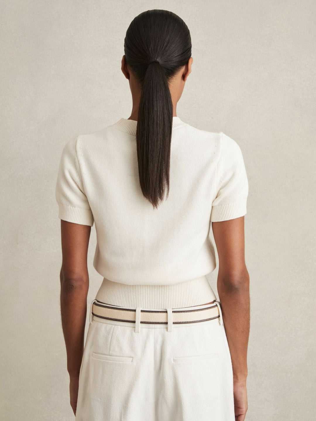 Women Cotton And Wool Crew-Neck Top in Ivory