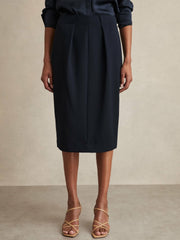 Women Petite Tailored Midi Suit Skirt in Navy