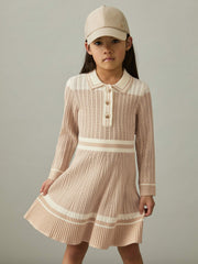 Children & Baby 13-14 yrs Rib-Knit Pointelle Flared Dress in Pale Pink