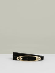 Women Leather Oval-Buckle Belt in Black