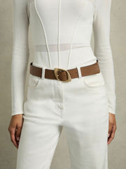 Women Leather Curved-Edge Buckle Belt in Taupe