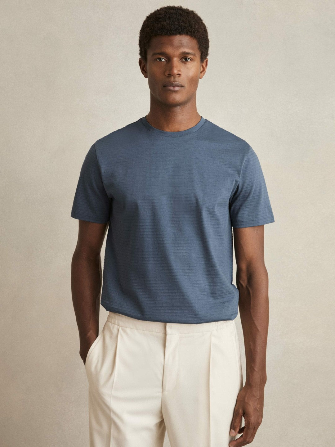 Men Mercerised-Cotton Ribbed T-Shirt in Airforce Blue