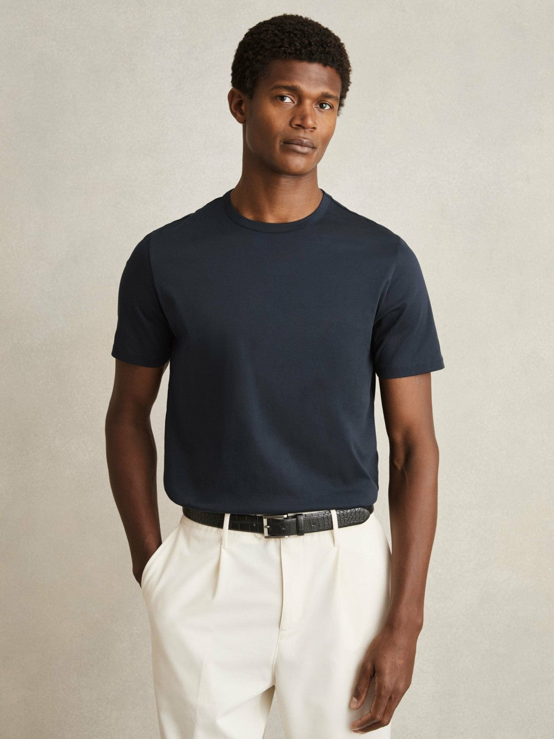 Men Mercerised-Cotton Crew-Neck T-Shirt in Navy