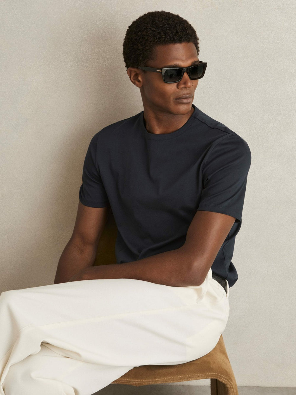 Men Mercerised-Cotton Crew-Neck T-Shirt in Navy