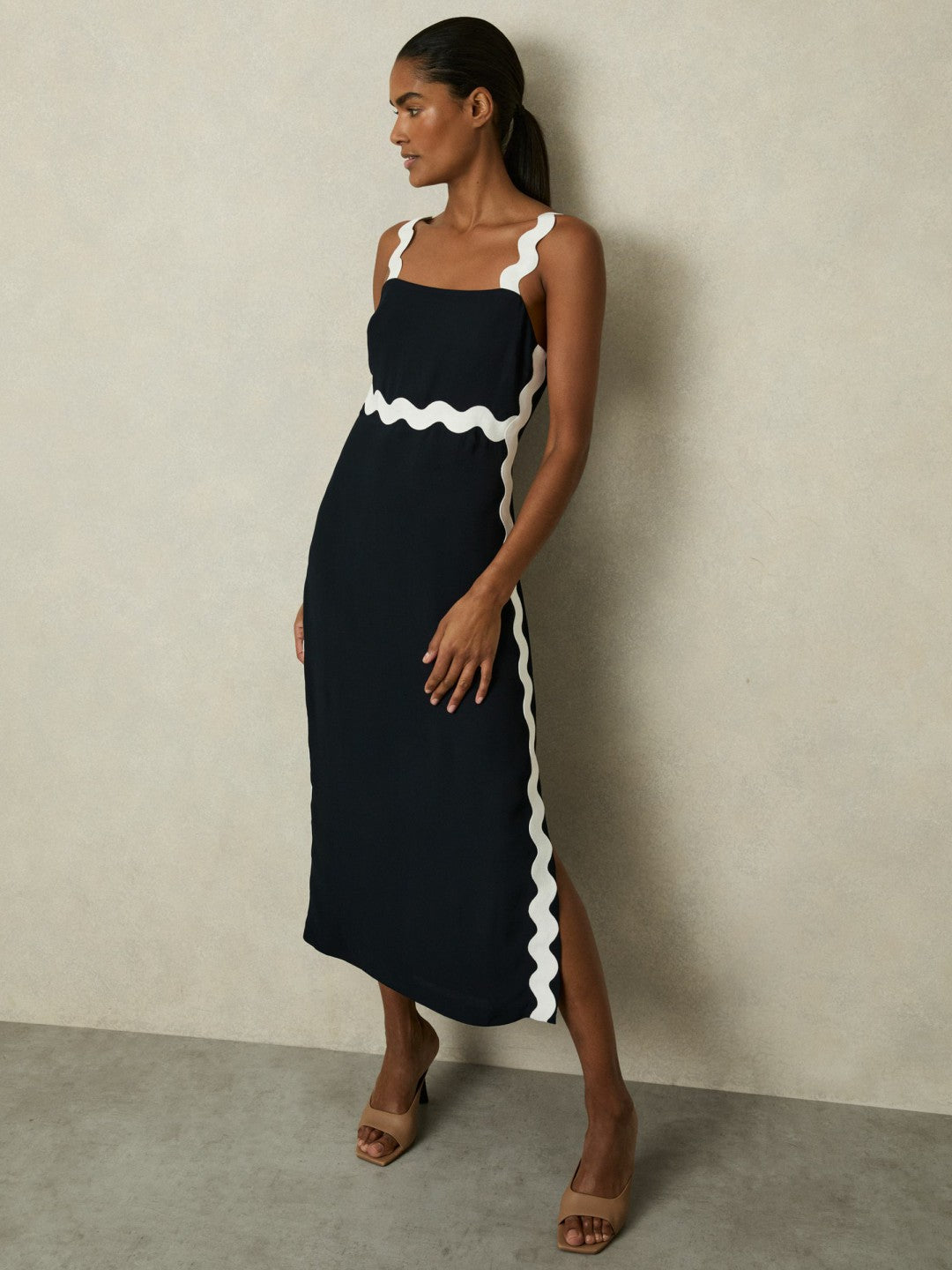 Women Wave-Trim Crepe Midi Dress in Navy