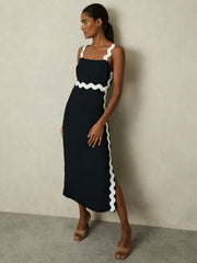 Women Wave-Trim Crepe Midi Dress in Navy