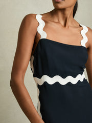 Women Wave-Trim Crepe Midi Dress in Navy