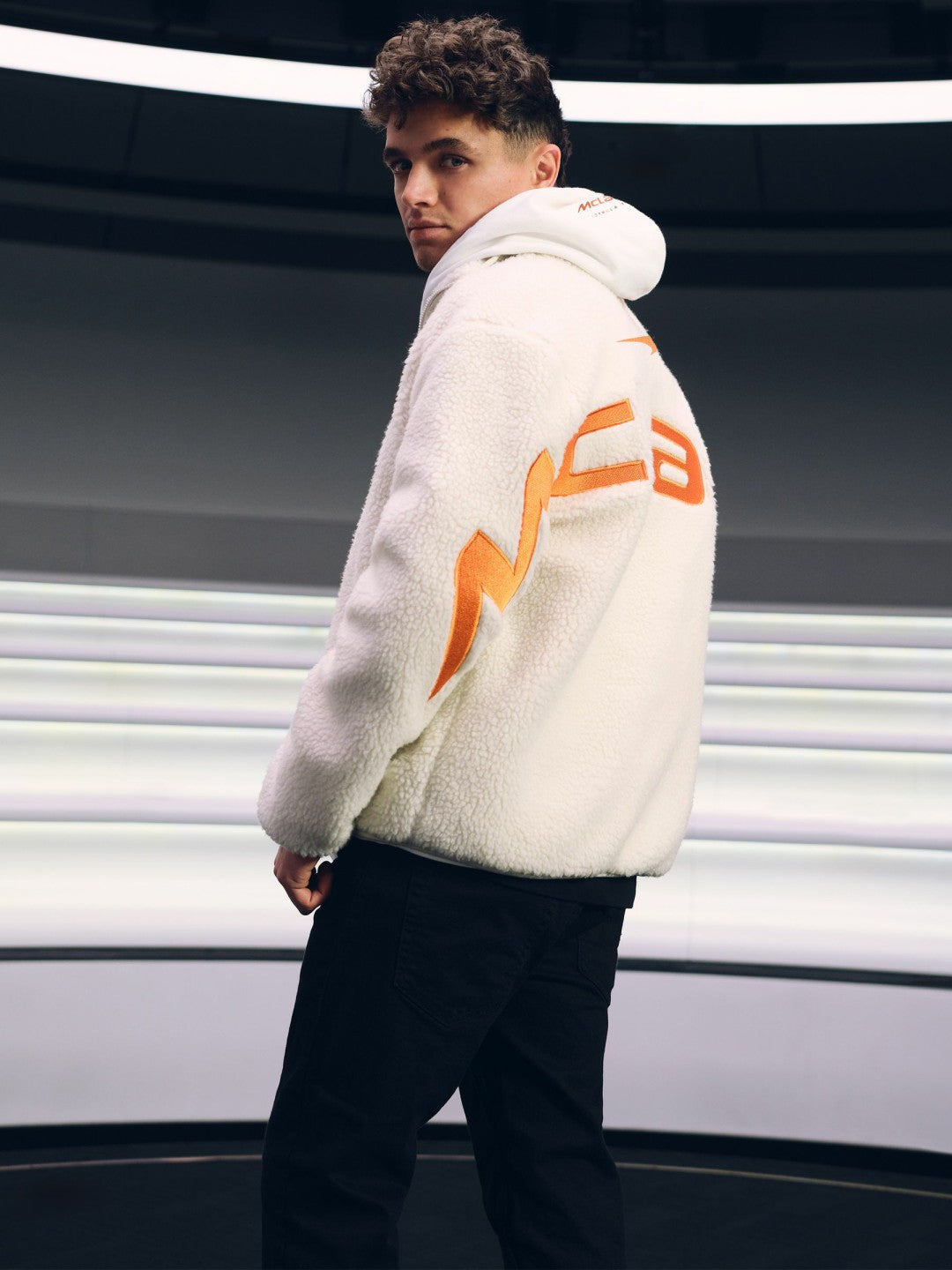 Men McLaren F1 Team Embroidered Fleece Jacket Unisex Fit in Off White