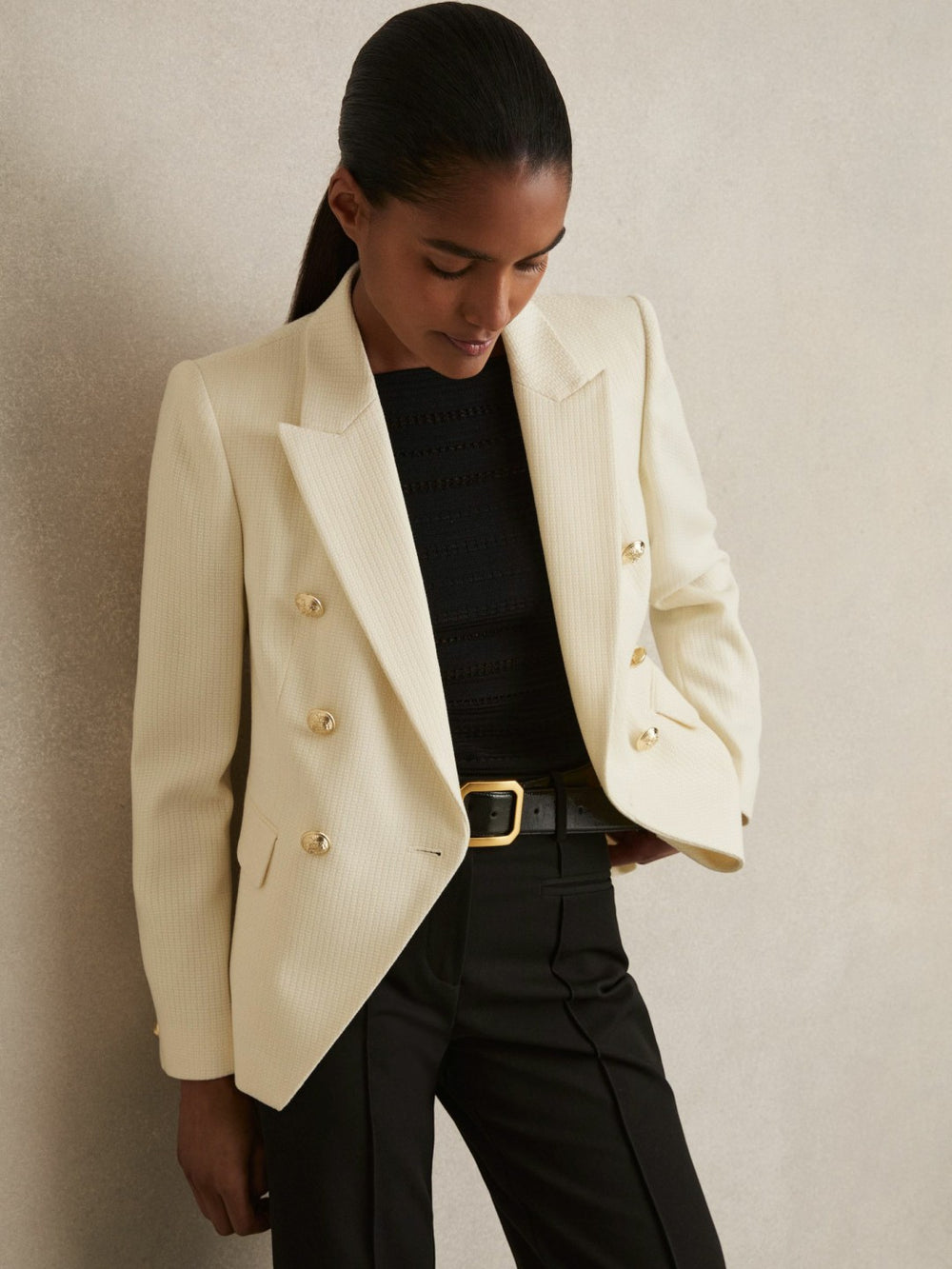Women Tailored Fit Textured Double Breasted Blazer in White