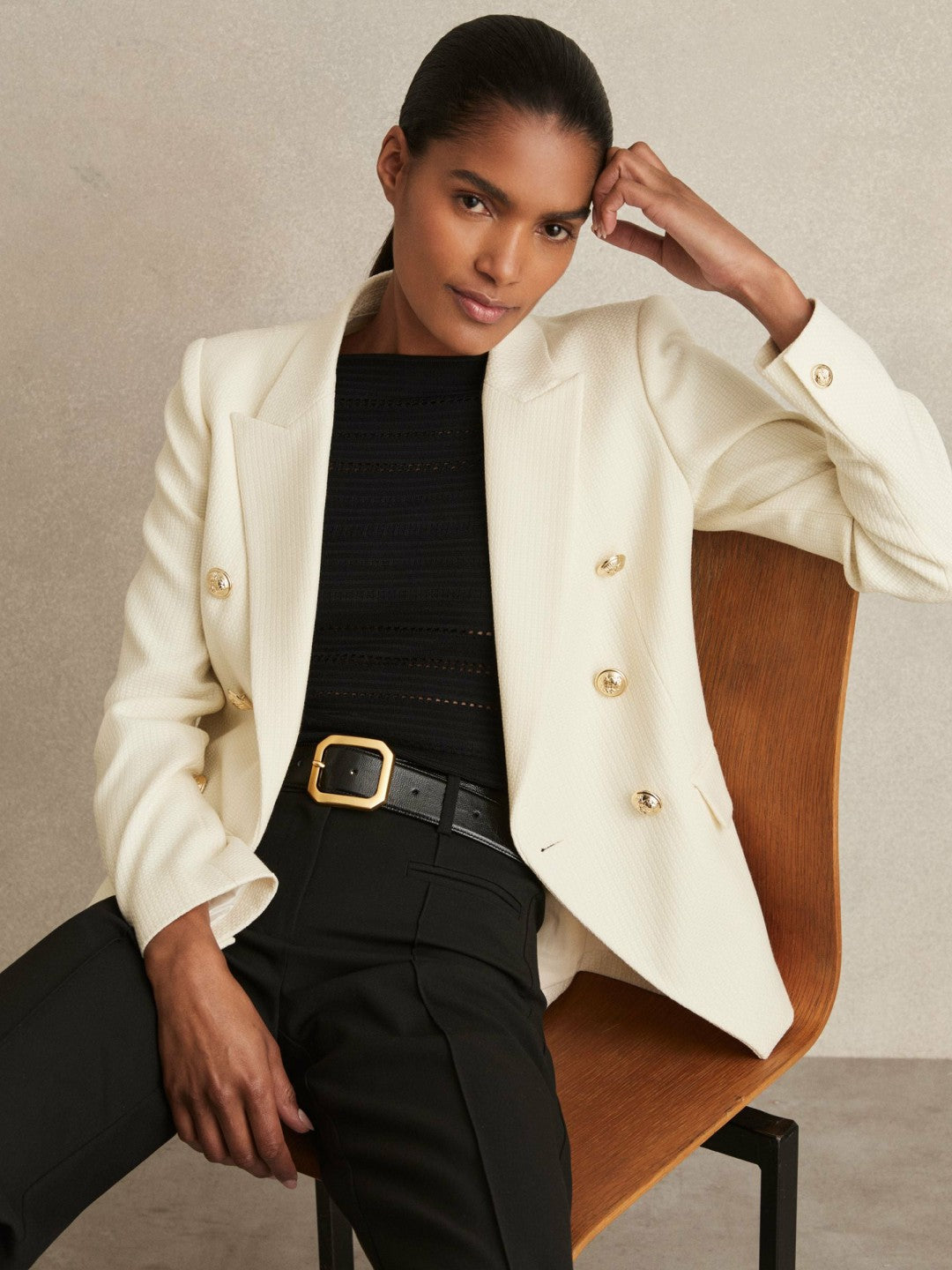 Women Petite Tailored Fit Textured Double Breasted Blazer in White