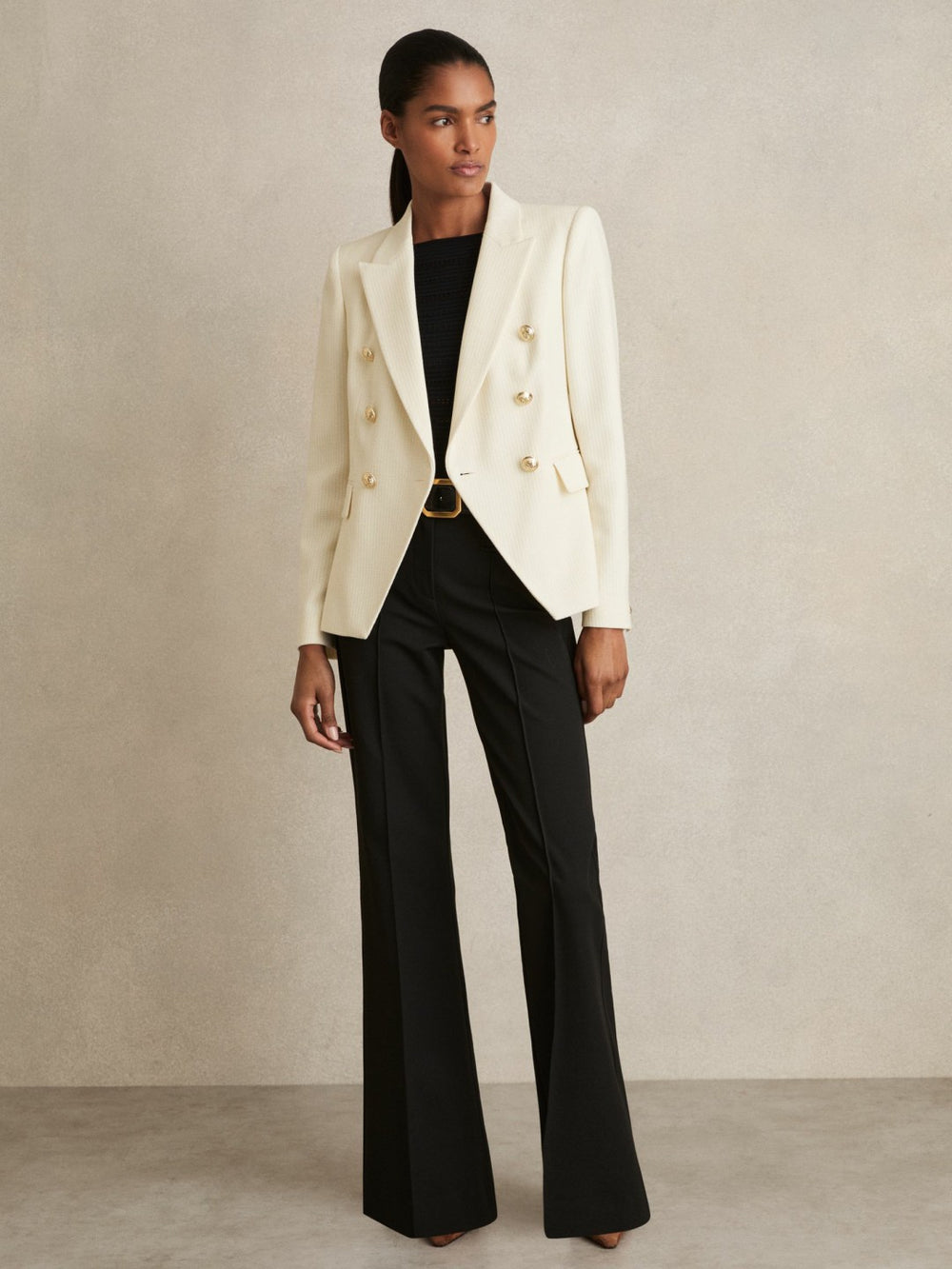 Women Petite Tailored Fit Textured Double Breasted Blazer in White