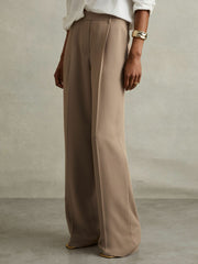 Women Petite Elasticated-Waist Wide-Leg Twill Trousers in Mink Neutral