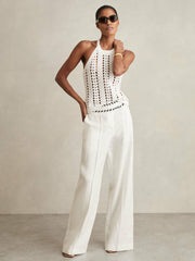 Women Linen Wide-Leg Whipstitch Trousers in White