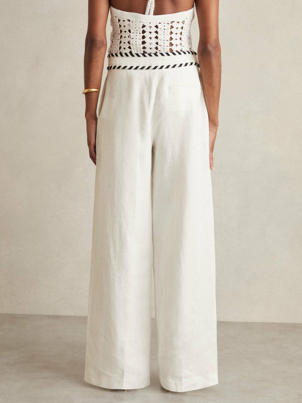 Women Linen Wide-Leg Whipstitch Trousers in White
