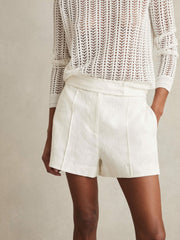 Women Linen Whipstitch Shorts in White