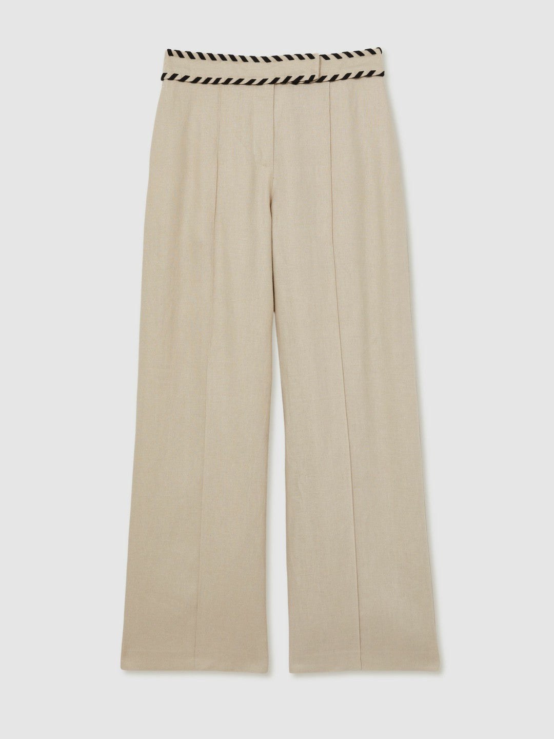 Women Linen Wide-Leg Whipstitch Trousers in Neutral