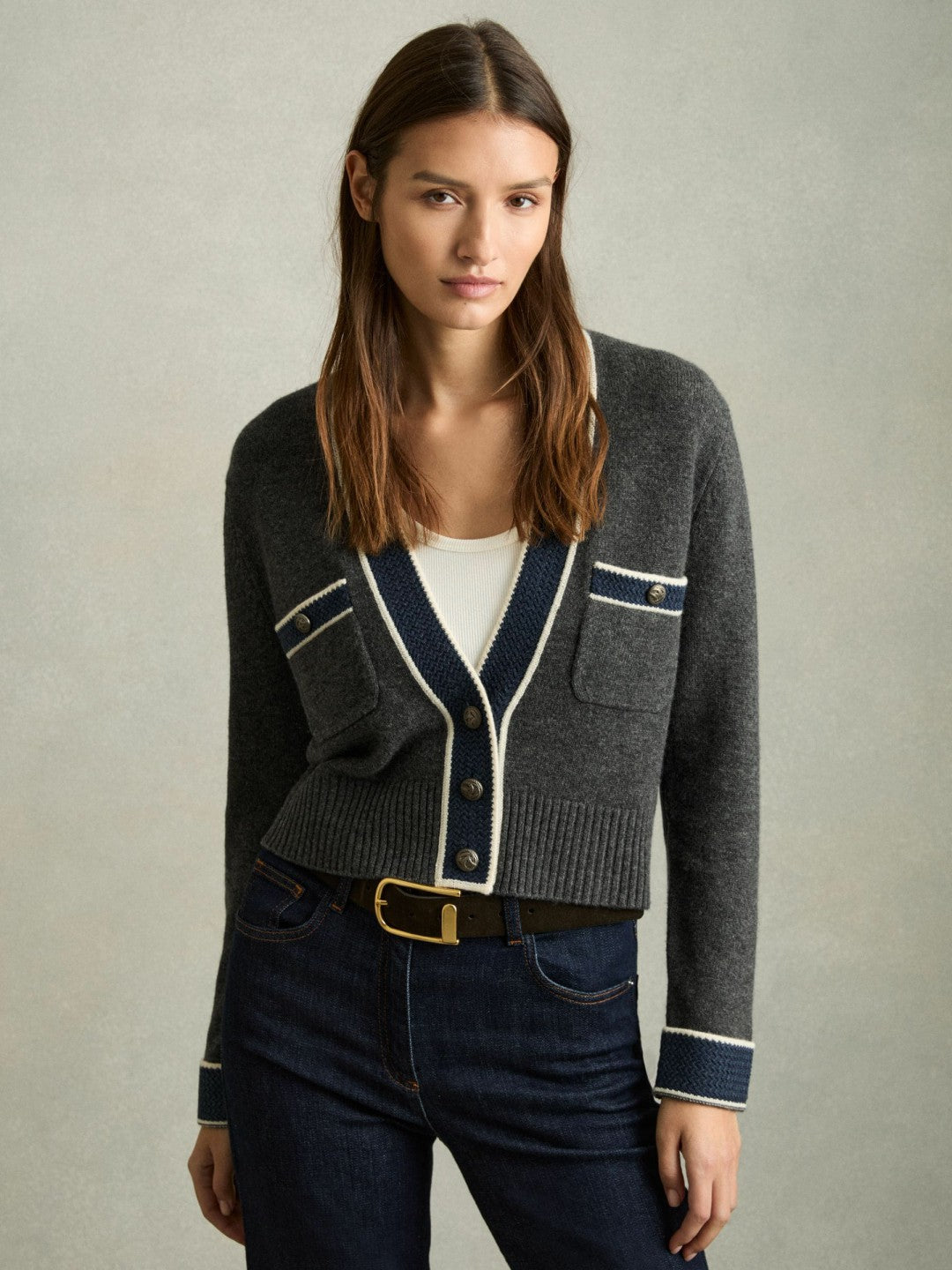 Women Wool-Cashmere Tipped V-Neck Cardigan in Charcoal