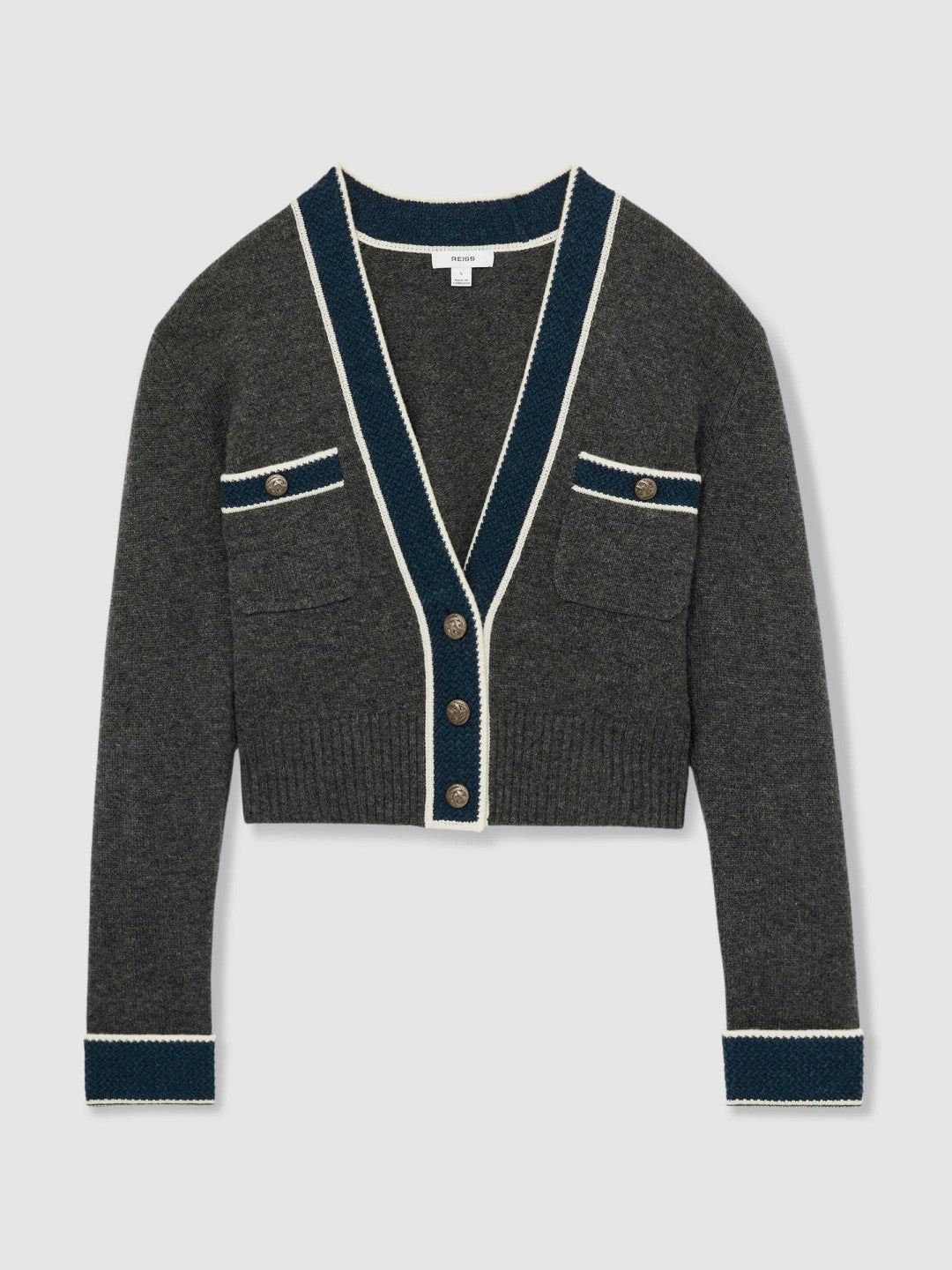 Women Wool-Cashmere Tipped V-Neck Cardigan in Charcoal