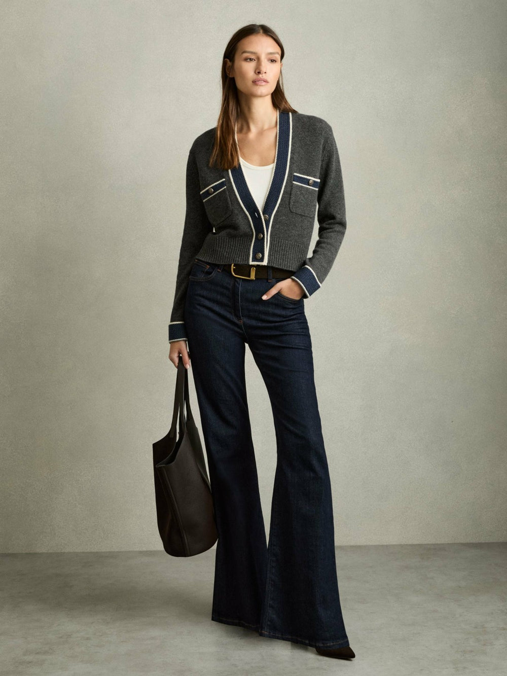 Women Wool-Cashmere Tipped V-Neck Cardigan in Charcoal