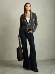 Women Wool-Cashmere Tipped V-Neck Cardigan in Charcoal