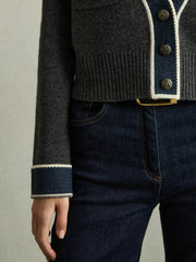 Women Wool-Cashmere Tipped V-Neck Cardigan in Charcoal