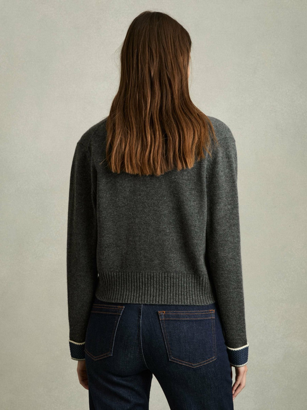 Women Wool-Cashmere Tipped V-Neck Cardigan in Charcoal
