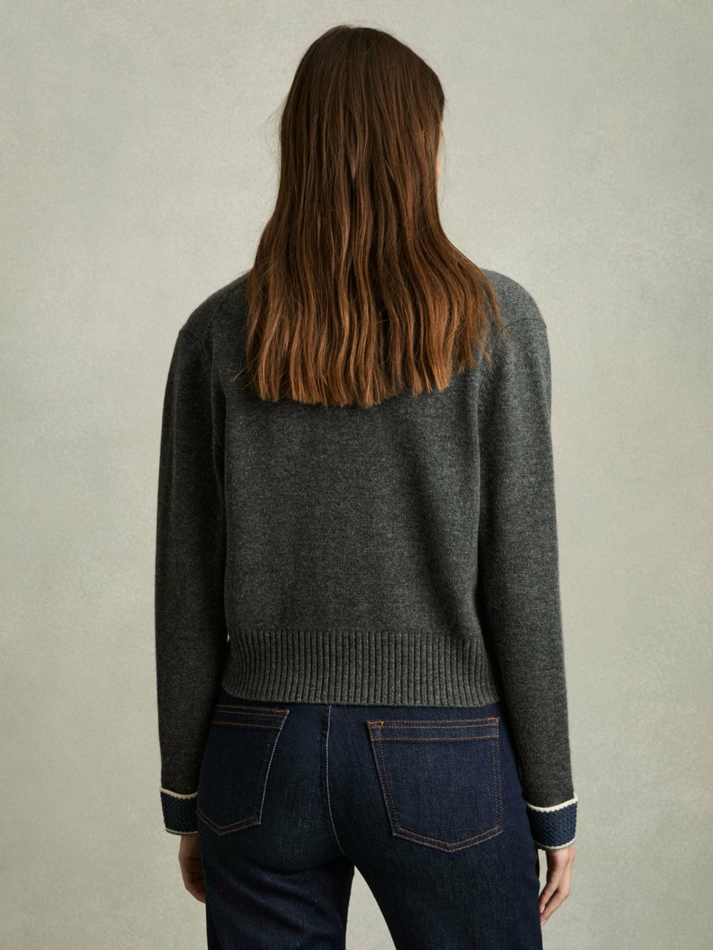 Women Wool-Cashmere Tipped V-Neck Cardigan in Charcoal