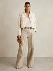 Women Petite Linen Wide-Leg Whipstitch Trousers in Neutral