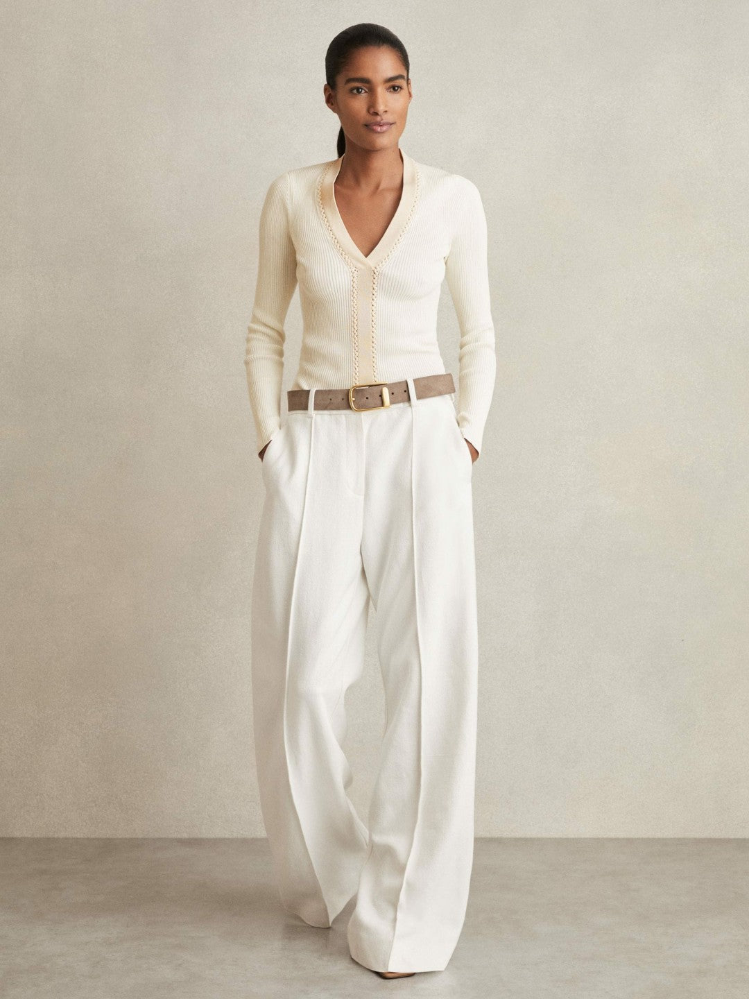 Women Craft-Stitch Rib-Knit Top in Ivory