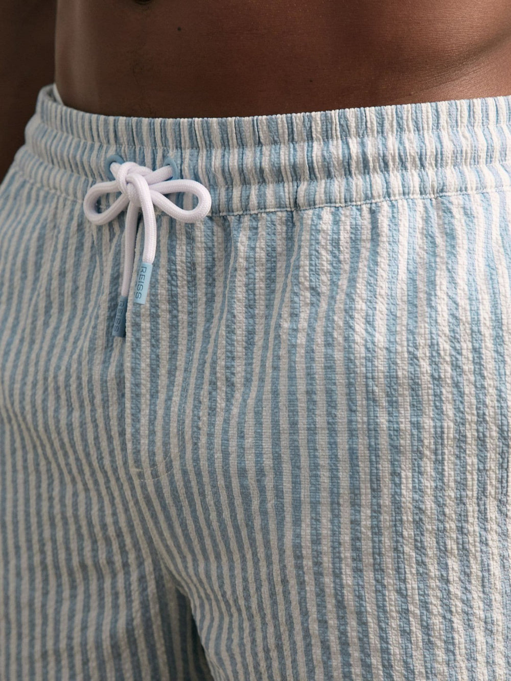 Men Seersucker Stripe Swim Shorts in Soft Blue/White