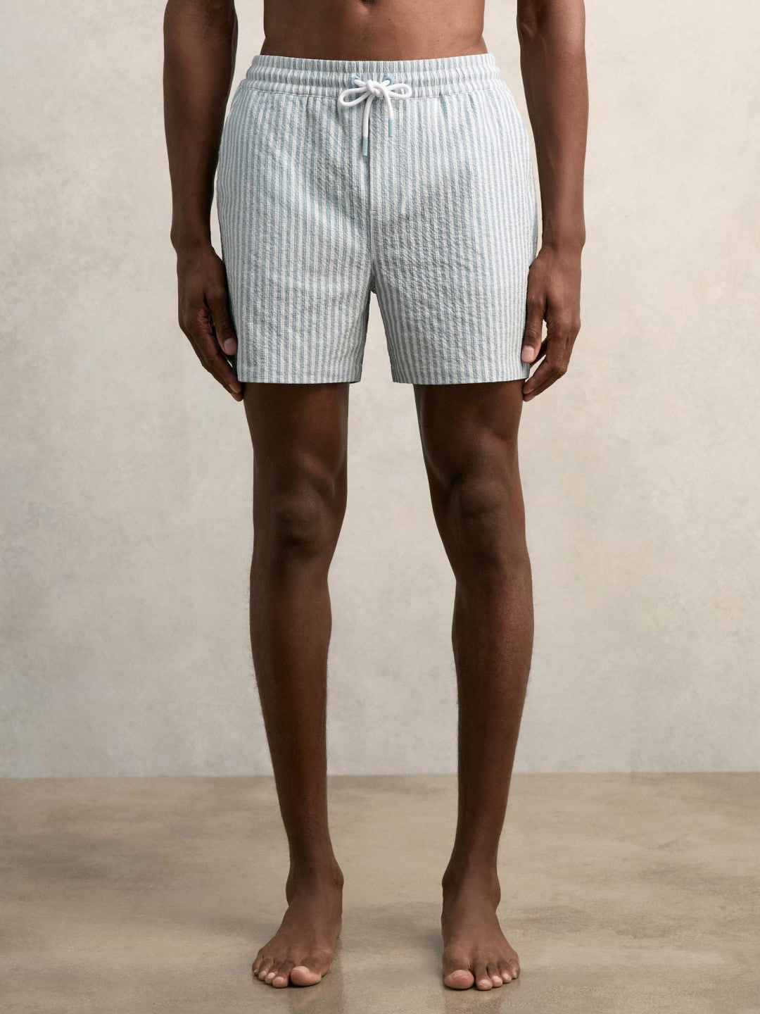 Men Seersucker Stripe Swim Shorts in Soft Blue/White