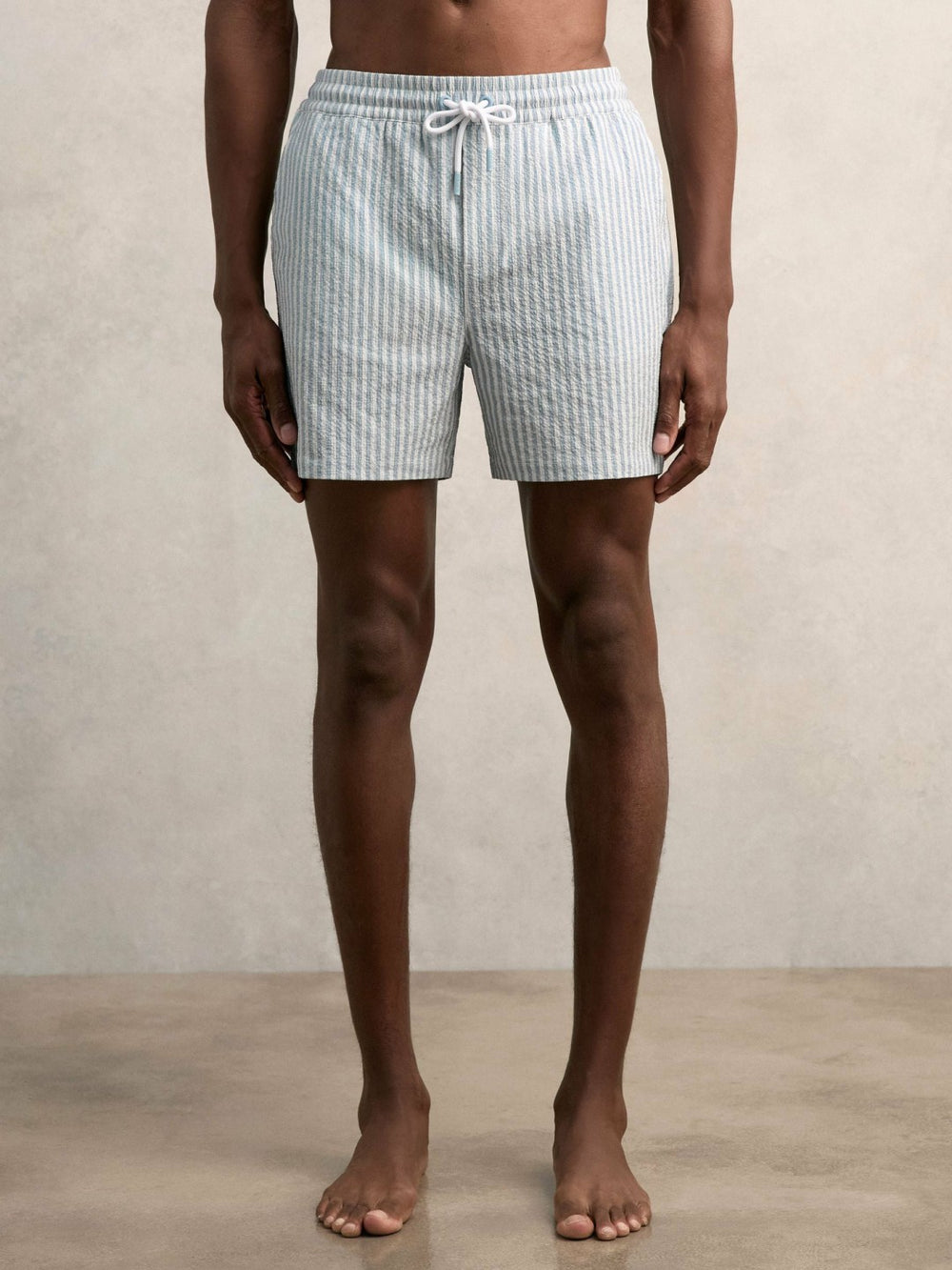 Men Seersucker Stripe Swim Shorts in Soft Blue/White